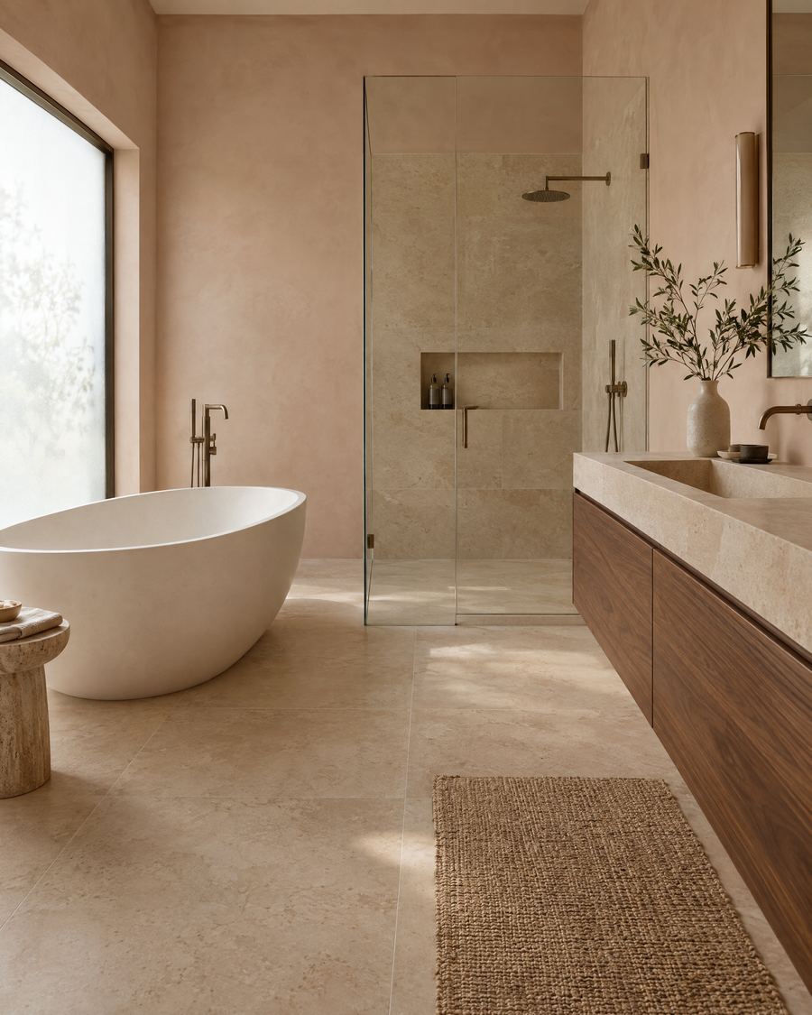 Calm primary bathroom with a freestanding stone tub, limestone floors, a walk-in glass shower and a floating walnut vanity