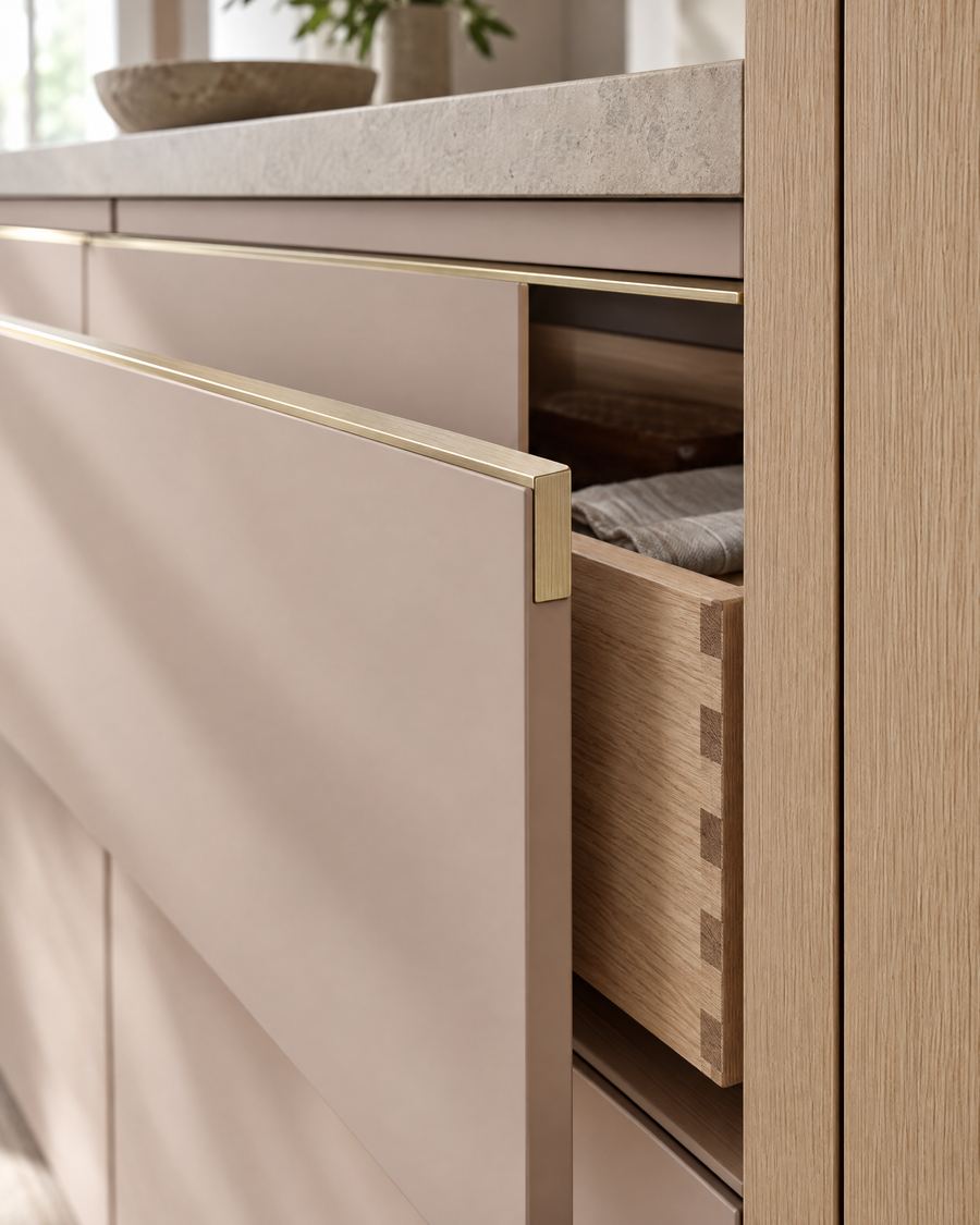 Close-up of matte blush cabinet fronts with a slim brass edge pull beside an open oak drawer with dovetail joints