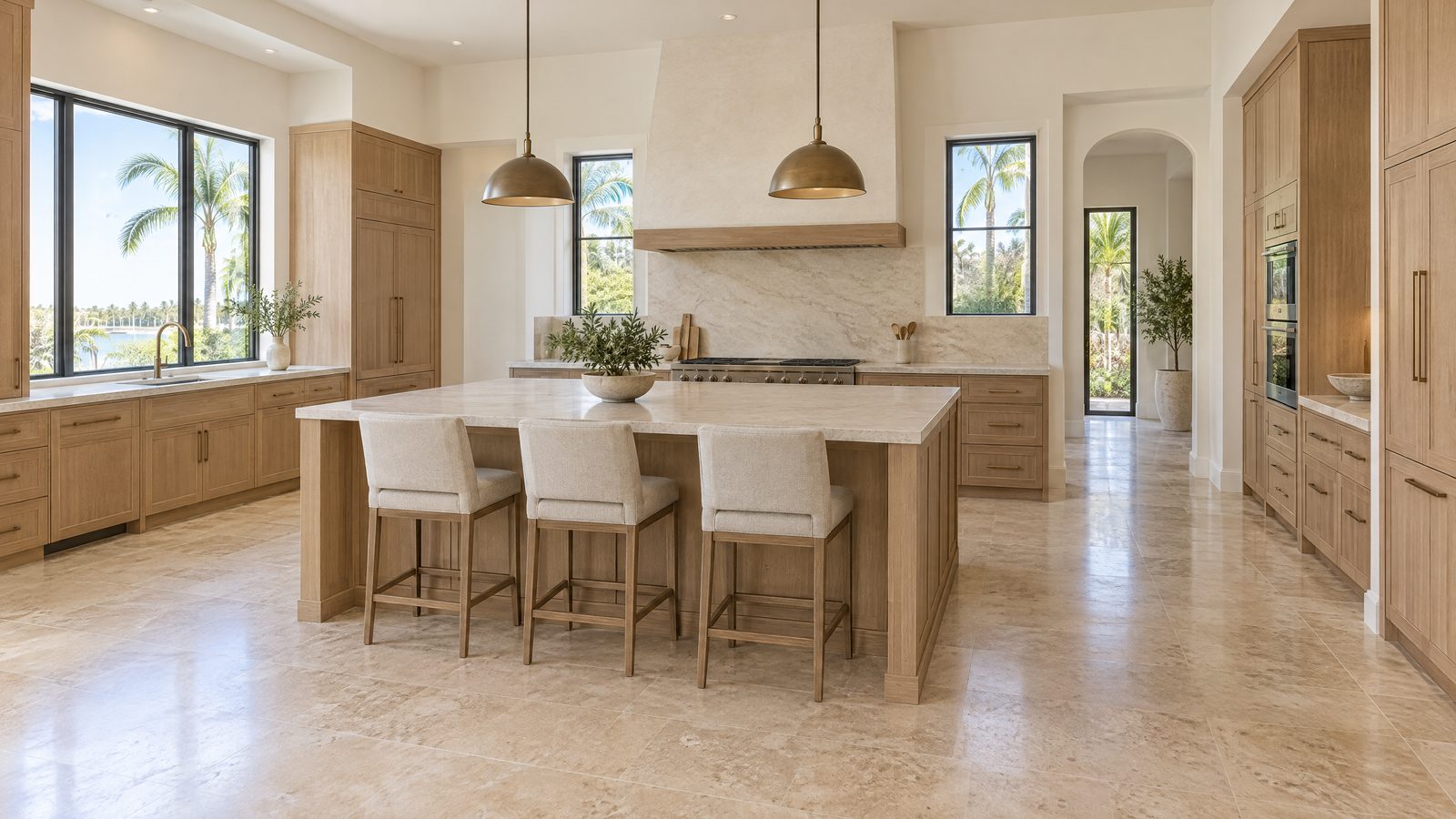 Rectangular kitchen island with three upholstered counter stools, open walkways on every side, white-oak cabinets and travertine floor