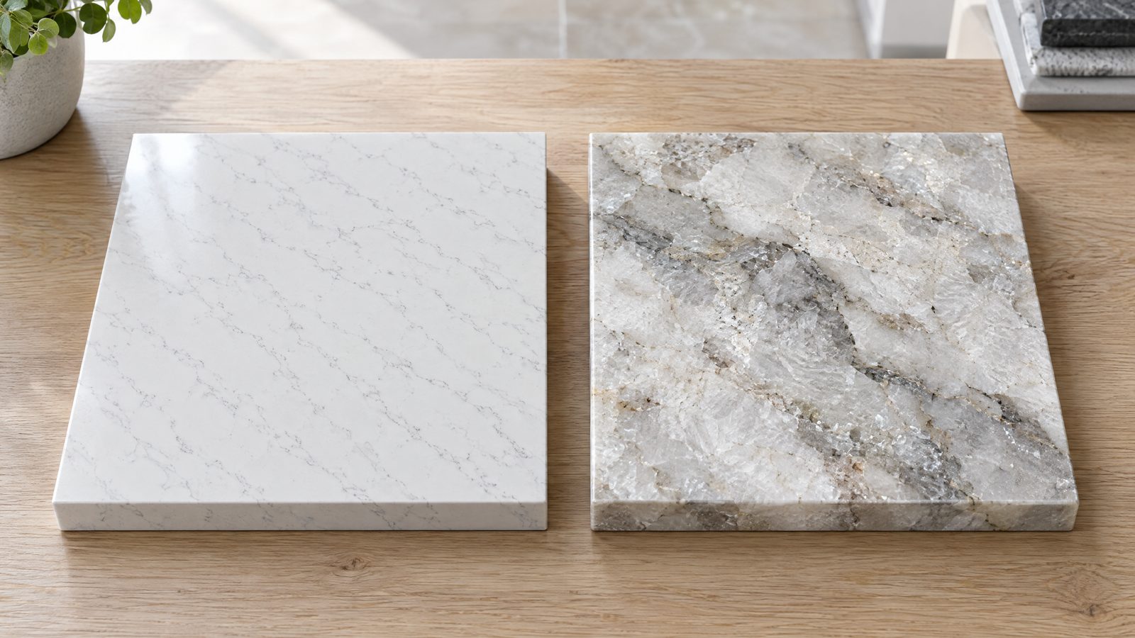Two countertop samples side by side: a uniform white engineered quartz with fine regular veins, and a natural quartzite with irregular crystalline grey veining