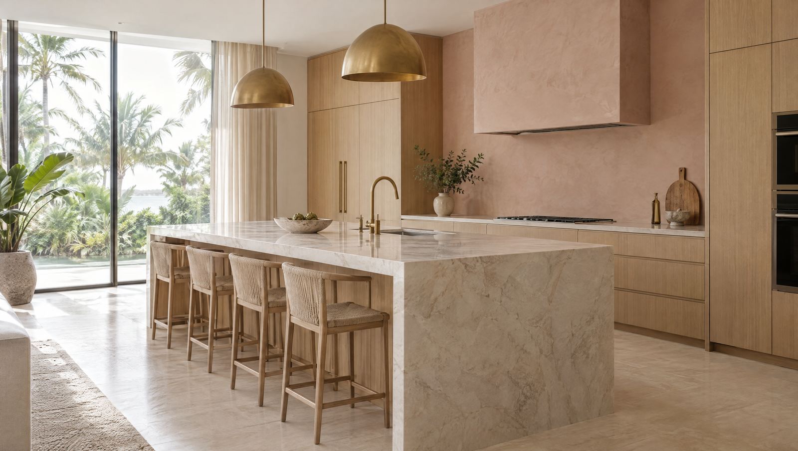 Bright modern kitchen with a pale marble waterfall island, white oak cabinetry, brass pendants and a blush plaster wall, with palms outside floor-to-ceiling windows