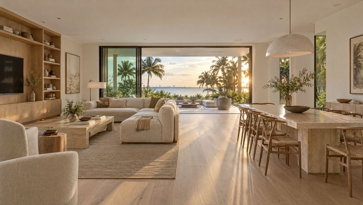 Open living and dining room with light oak floors, built-in shelving and glass doors open to a terrace with palms at sunset