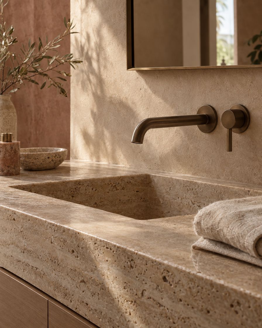 Honed travertine vanity with an integrated basin and a brushed bronze wall-mounted faucet against warm limestone plaster in afternoon light