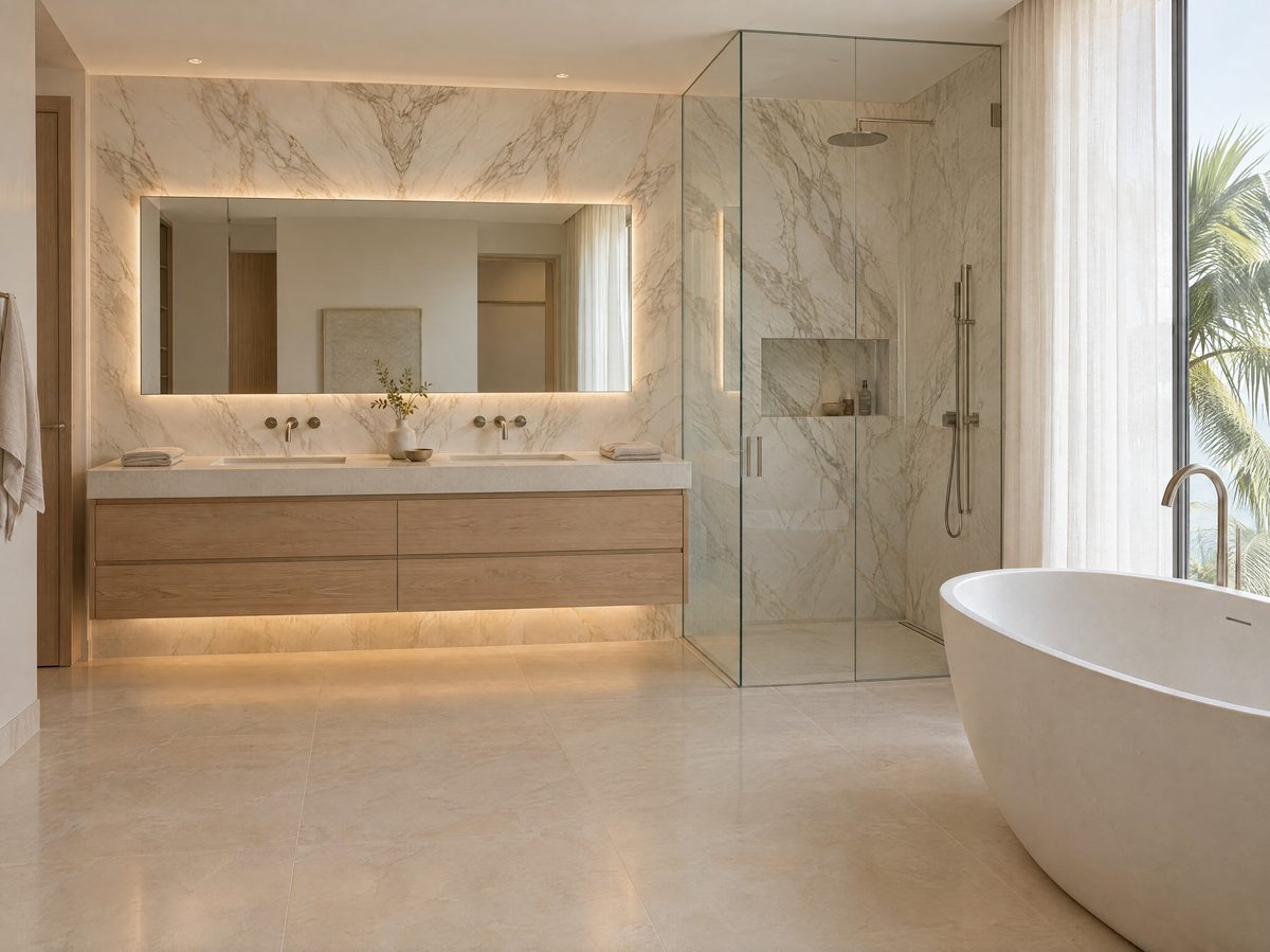 Marble primary bathroom with a floating oak vanity