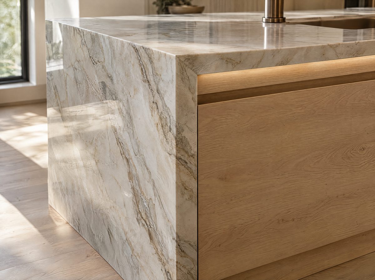 Close-up of a kitchen island with a mitered waterfall edge in veined quartzite beside flat-panel white oak drawer fronts with a lit recessed pull channel