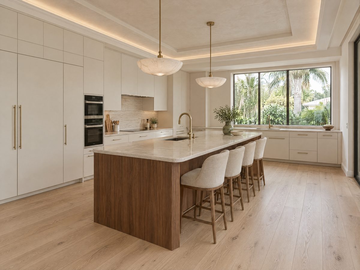 Kitchen with a walnut island and ivory cabinetry