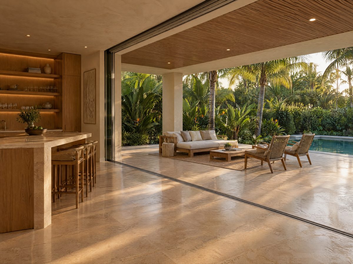 Living area with travertine floors opening to a terrace